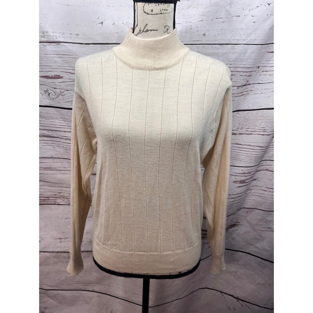 Jennifer Moore Womens Cream Ribbed Mock Neck Wool Blend Sweater Large WPL 8046